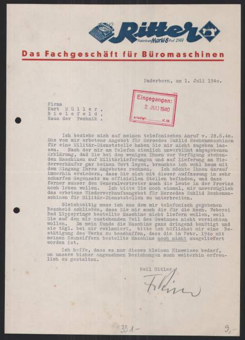 Briefkopf Paderborn 1940, Ritter Büromaschinen, Erika Schreibmaschine