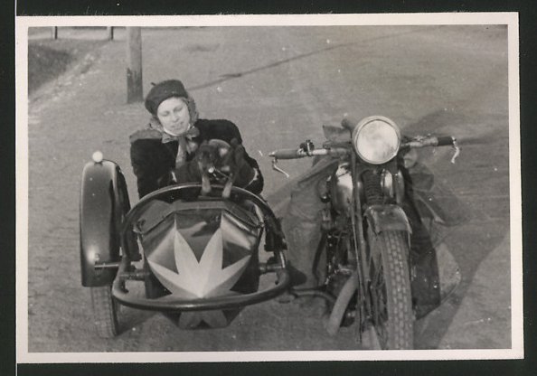 Fotografie Motorrad mit Seitenwagen, Frau mit Hund im Beiwagen eBay