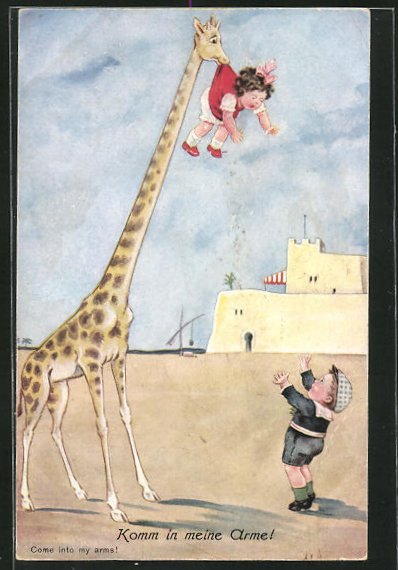 AK Komm in meine Arme!, Giraffe trägt ein Mädchen im Maul ...